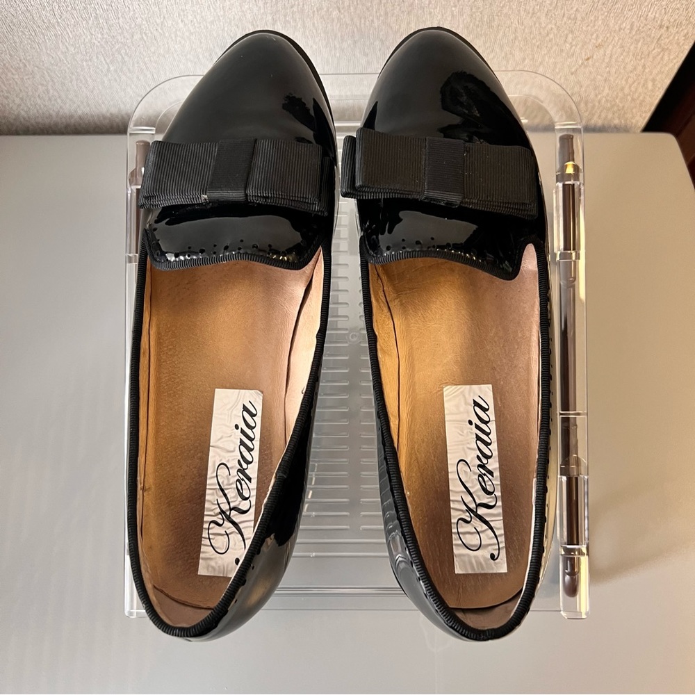 🔴Black Genuine Patent Leather Bowtie Wide flat - EUC - Size 7.5